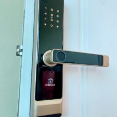 Khóa điện tử vân tay DSmart PN01T cho cửa gỗ 4 Khóa vân tay DSmart PN01T màu vàng gold trên cửa thực tế