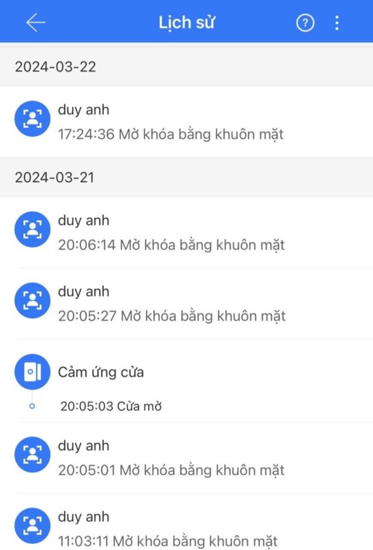 Hình ảnh lich su ra vào App DSmart TTLOCK