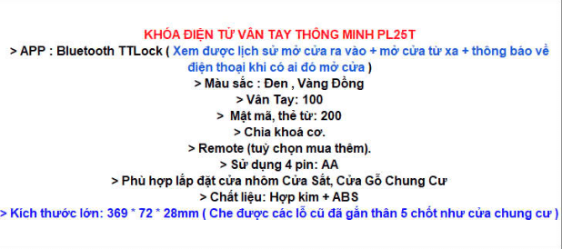 Khóa điện tử vân tay thông minh PL25T