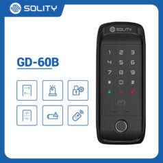 Hình ảnh khóa điện tử cửa kính vân tay SOLITY GD-60B lắp đặt trên cửa kính cường lực, chính hãng Hàn Quốc.