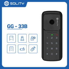 Ảnh khóa điện tử cửa kính SOLITY GG-33B lắp đặt trên cửa kính cường lực.