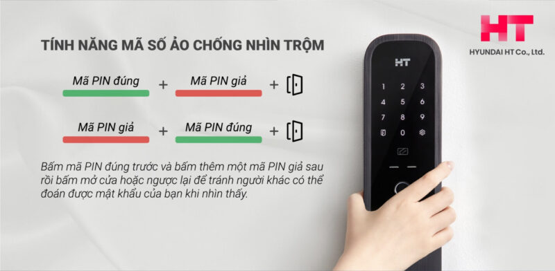 KHOÁ ĐIỆN TỬ HYUNDAI HT TDL-A3001FK 16 Khóa điện tử Hyundai TDL-A3001FK hỗ trợ mã số ảo chống nhìn trộm khi mở cửa.