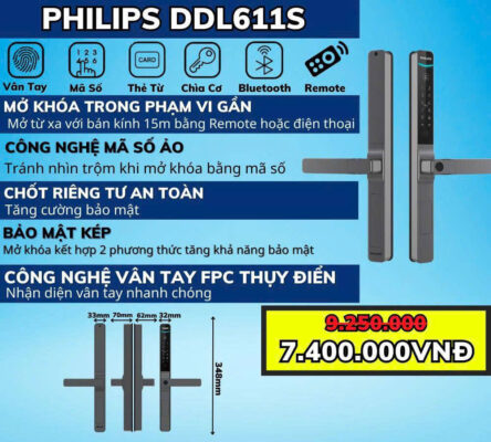 Philips DDL611S (DDL611S-5HBS) Khóa vân tay dành cho cửa nhôm 15 Màn hình cảm ứng mã số chống nhìn trộm trên khóa vân tay DDL611S