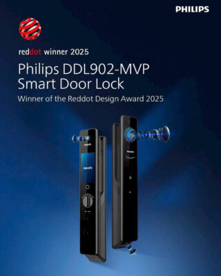 Mặt trong khóa điện tử Philips DDL902 với chốt an toàn và cảm biến chuông hình.